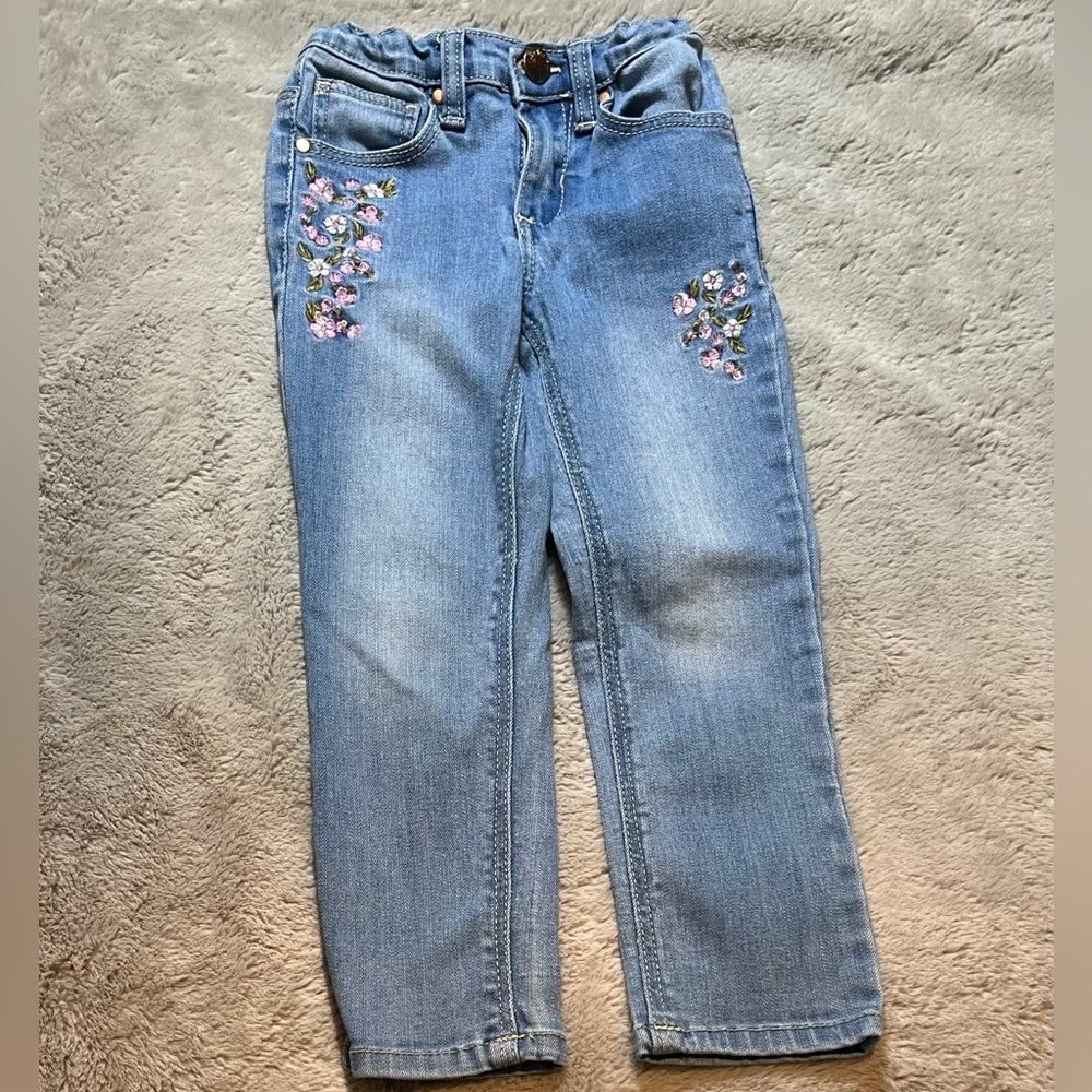 Floral Embroidered Kids Blue Jeans